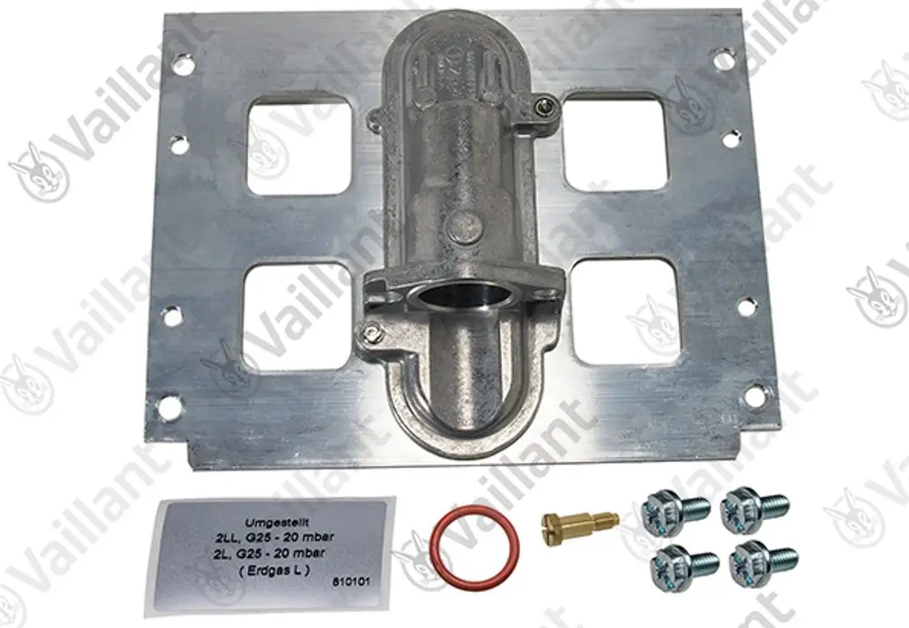 Vaillant Düsenstock mit Metallplatte, Anschlussstücke, Dichtungen und Schrauben, zur Verwendung in Heizungsanlagen.